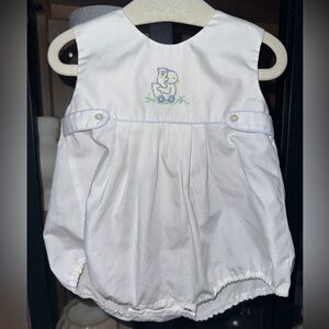 Vintage heirloom bubble newborn baby boy romper embroidered teddy bear duck
